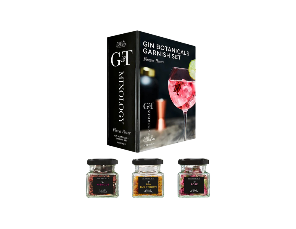 Set pentru garnisire gin tonic de la Mill & Mortar, contine petale de hibiscus, petale de trandafir si catina